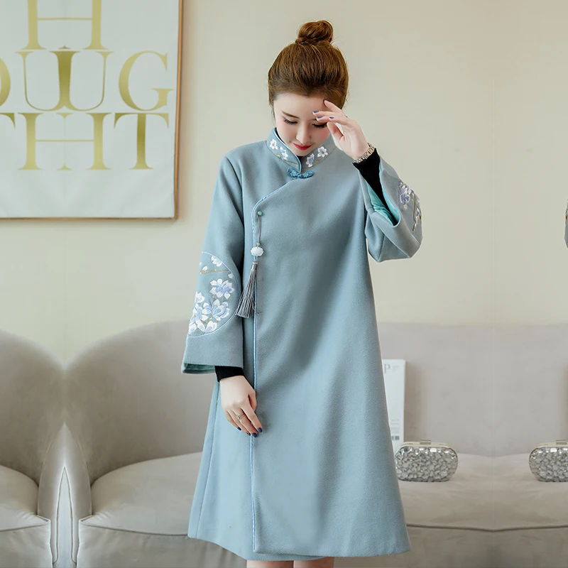 Винтажное женское китайское платье с длинным рукавом morden qipao элегантное шерстяное платье с цветочной вышивкой плотное теплое платье Чонсам плюс