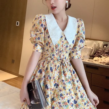 

Korean Chic Retro Print Temperament Dress 2020 Summer High Waist Chiffon Vestido Turn down collar elegant party dresses female