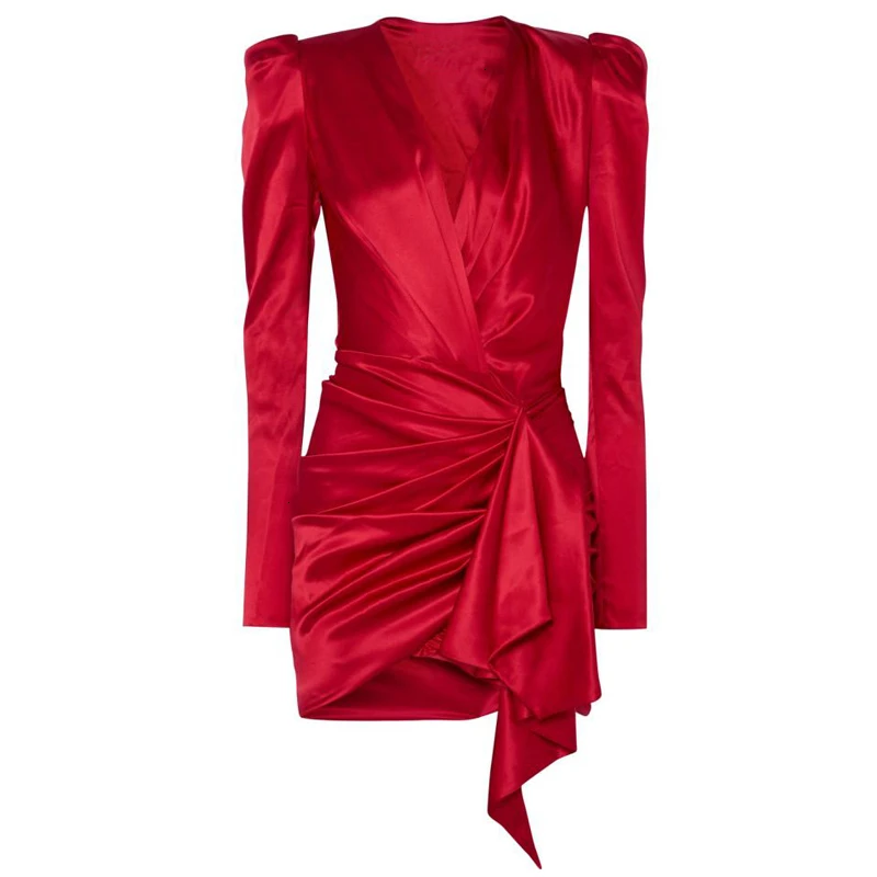 CHICEVER, сексуальные асимметричные платья для женщин, v-образный вырез, пышное, длинный рукав, высокая талия, с рюшами, нестандартный подол, мини-платье для женщин - Цвет: red