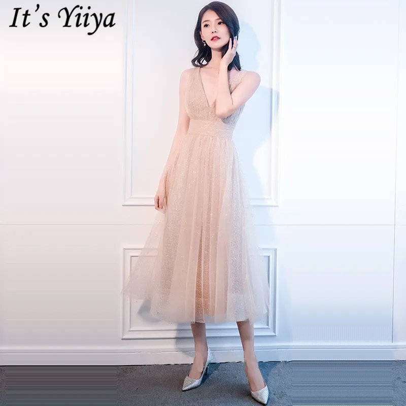 

It's Yiiya Prom Dress V-Neck Sleeveless A-Line Sequined Vestidos De Gala LF216 Elegant Plus Size Teal Length Prom Dresses 2020