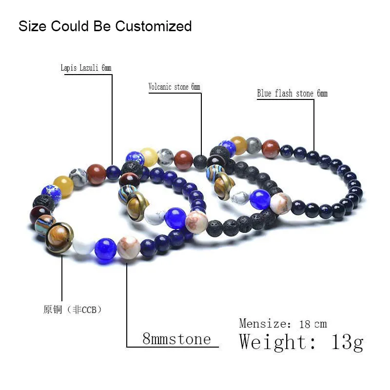 Bracciale Elastico Fatto A Mano Con Pietre Naturali – Sistema Solare Con Otto Pianeti E Stelle In Pietra Lavica Per Uomo E Donna