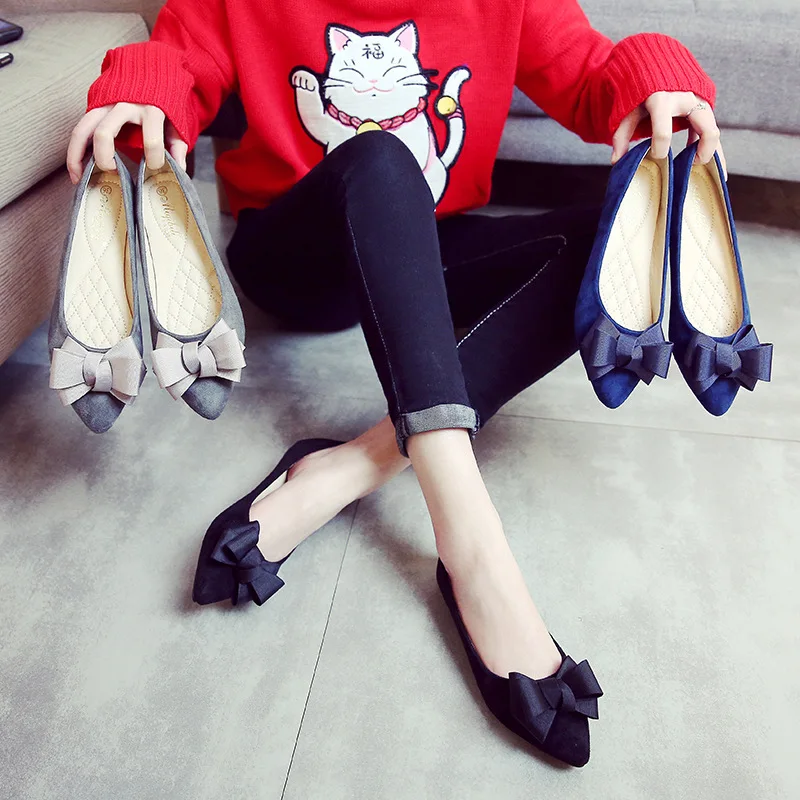 bow-knot women single shoes solid flock pointed toe shallow loafers cozy lazy slip on driving shoes black work shoes espadrilles