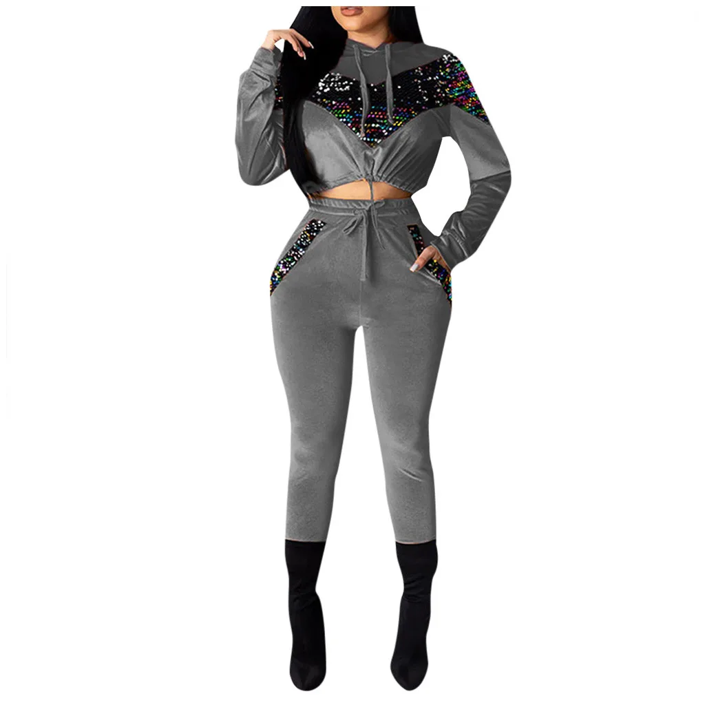 Женский спортивный костюм из 2 предметов, комплект размера плюс с пайетками, комплект из 2 предметов, повседневный спортивный костюм, женский спортивный костюм, комплект tute donna#3 - Цвет: Серый
