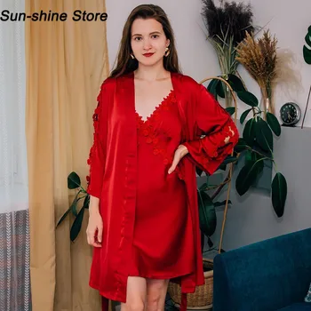 

Kimono Gown 2PCS Pink Women Sleep Set Sexy Bride Wedding Robe Home Clothing Intimate Lingerie Satin Casual Homewear Nightgown