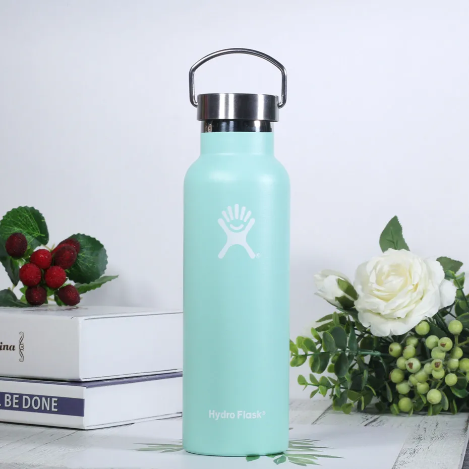 Light green Бутылка для воды из нержавеющей стали, бутылка для воды с вакуумной изоляцией, переносная термобутылка с широким горлом для путешествий, 21 унция/24 унции - Цвет: Light green