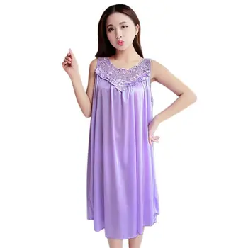 

Fashion Sleepwear Women Summer Night Dress Plus Size Women Sleeveless Lace Lingerie Ice Silk Long Home Clothing Nightwear HOT