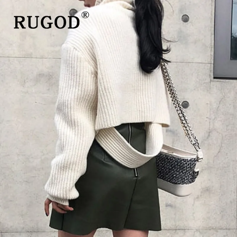 RUGOD, корейский стиль, вязаный свитер, женский, водолазка, пуловер размера плюс, Свитера с открытой спиной, одноцветные, Зимние Топы для женщин