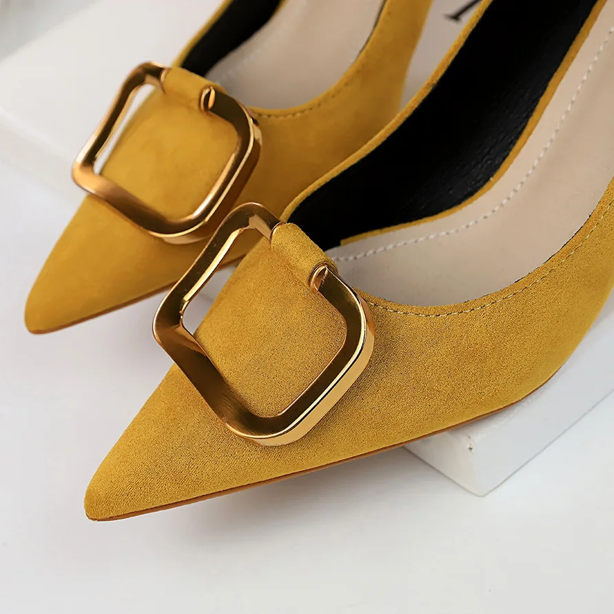 Women 6.5cm High Heels Suede Purples Pumps Lady Scarpins Fashion Kitten Low Heels Sexy Office Green Yellow Office Shoes