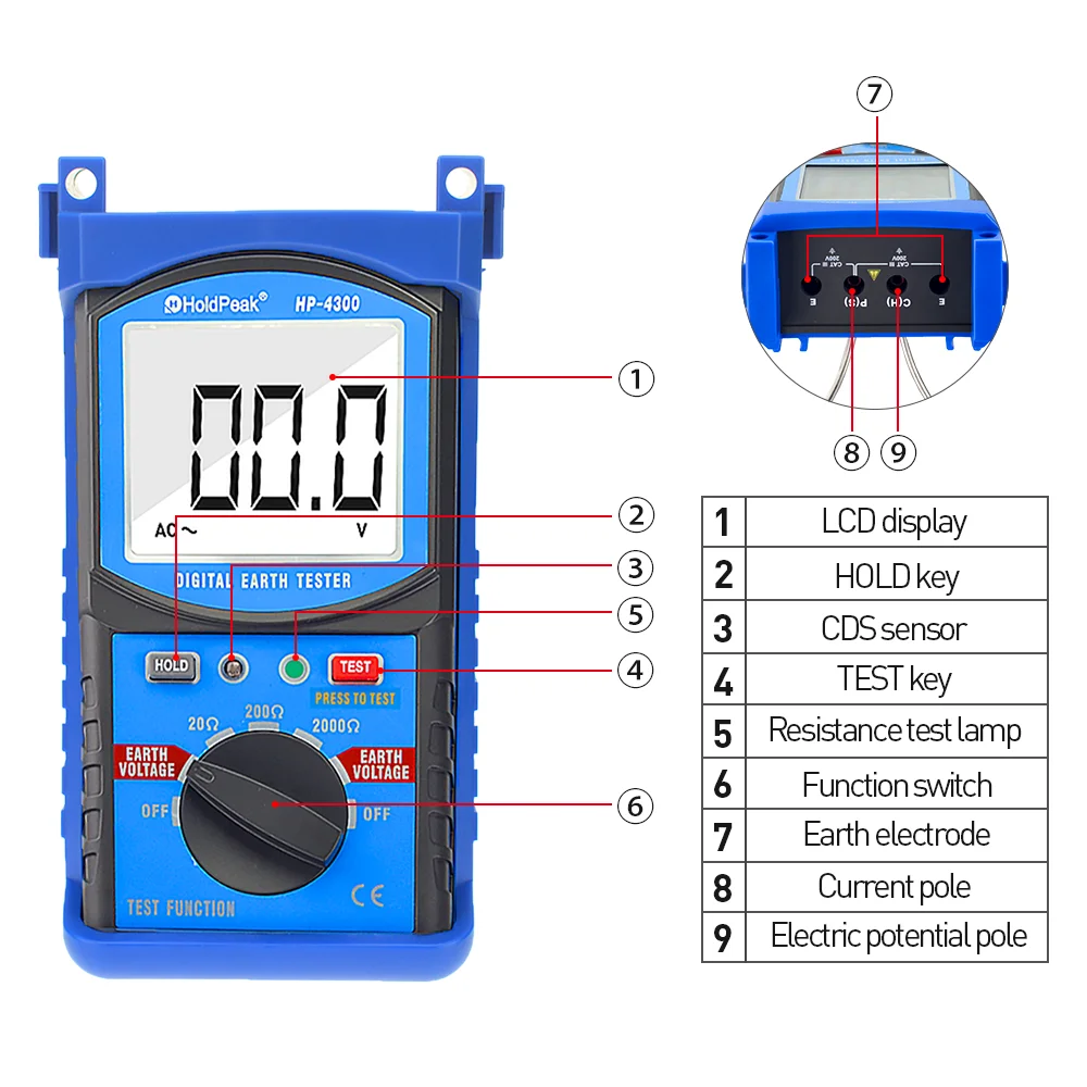 

HoldPeak HP-4300 Ground Resistance Tester LCD Digital Earth Resistance Voltage Megohmmeter Voltmeter