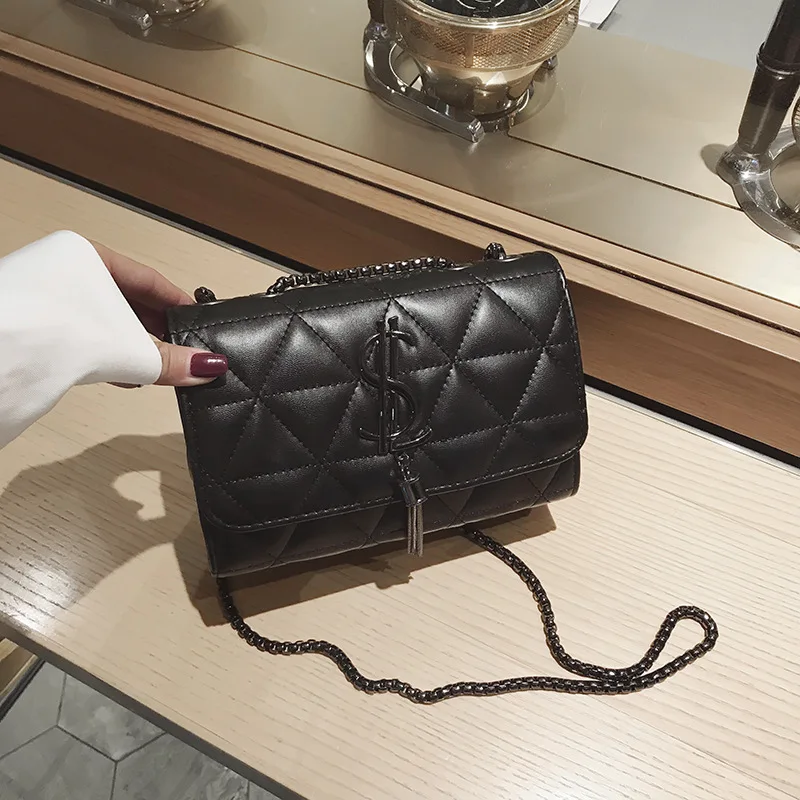 

Ladies Lingge Chain Bag 2020 New Fashion Simple PU Black Shoulder Messenger Bag