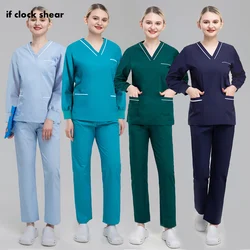 Solid Color V-neck Medical Uniforms Long Sleeved Pet Hospital Nursing Scrubs Women Uniforms Doctor Nurse Medical Scrubs Suits