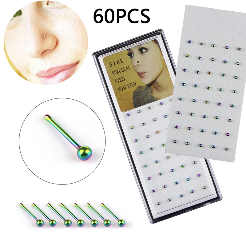 60 Pcs/pack Colorful Nose Stud Women Girl Stainless Steel Nose Piercing Body Jewelry Surgical Steel Nose Ring Set Hot