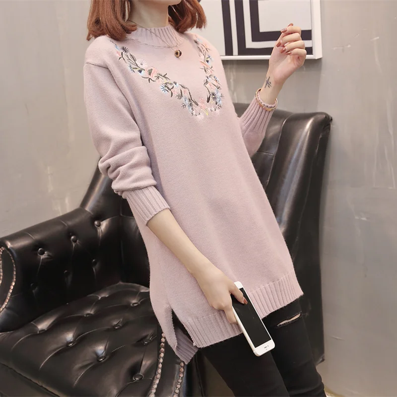 Women Sweater 2019 Autumn Mid-Long Style Loose Solid Colors Embroidery Printed Womens Sweaters Ladies Elegant Pullovers Sweater