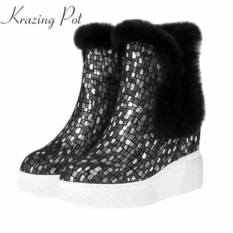 

krazing pot cow suede prints leather brand winter platform increasing snow boots keep warm extreme high heels mid-calf boots l26