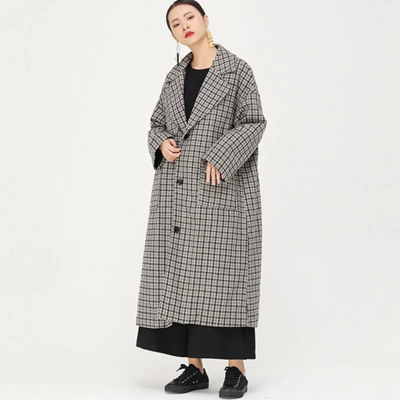 

LANMREM 2020 new autumn and fashion women coats turn-down collar full sleeves plaided pocket single breasted WJ79404
