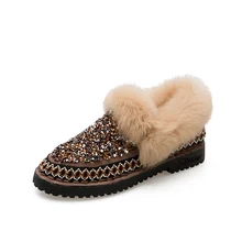 Женские ботинки; зимняя теплая обувь на меху; женские плюшевые зимние ботинки на платформе; повседневная женская зимняя обувь из хлопка со стразами и блестками