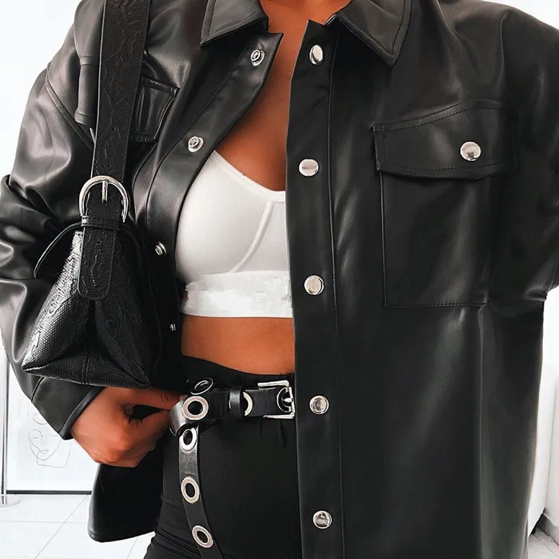 JIEZuoFang  Punk Style Women Autumn Leather Jacket Turn-down Collar Streetwear Cool Jackets Ladies Pocket Oversized Pop Jackets