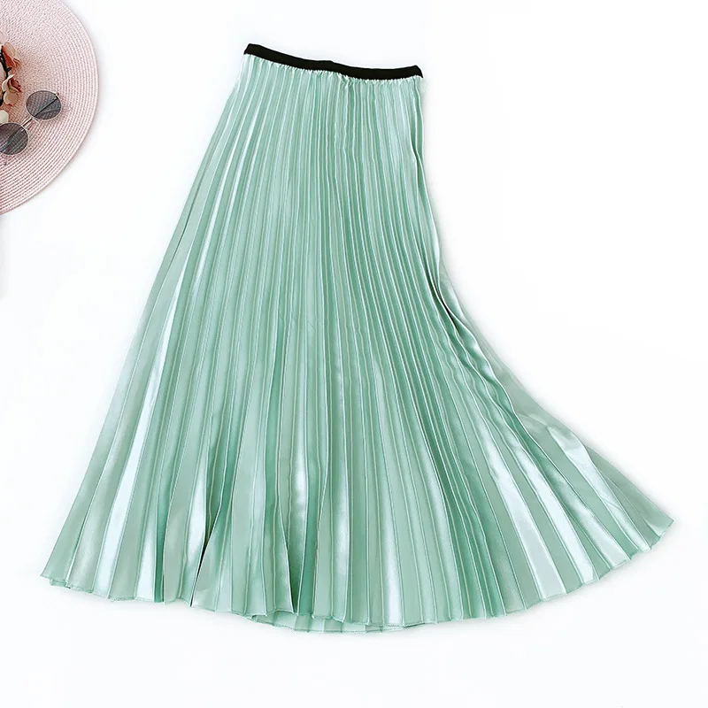 light green Осенняя мода, плиссированные юбки, Женская сатиновая юбка макси с высокой талией, однотонная винтажная длинная юбка, Saia Faldas Mujer Moda - Цвет: light green