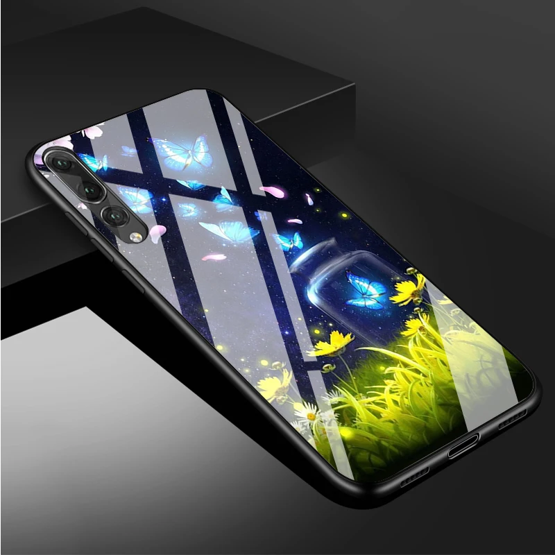 huawei pu case Butterfly Tempered Glass Phone Case For Huawei P20 P30 P40  P40 Lite Pro Psmart Mate 20 30 Cover Shell silicone case for huawei phone Cases For Huawei