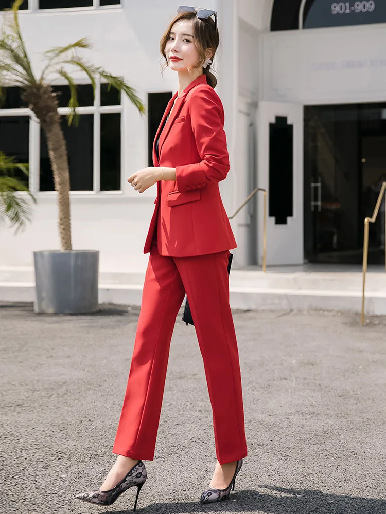 Hot Red Black Female formal Women's Pants Suits Office Lady Business Pantsuit Blazer Trouser Suit Set Workwear Uniform Costumes