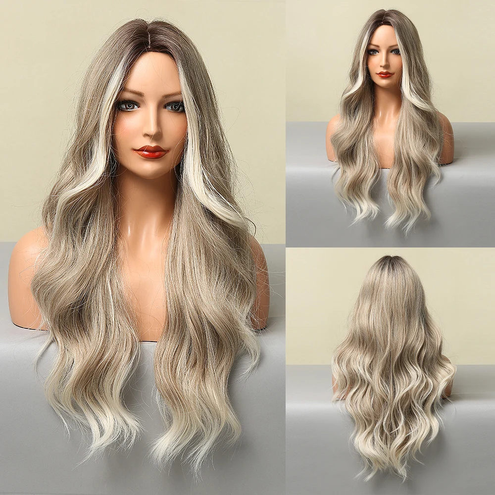 Peruca para as Mulheres Perucas de Cabelo Henry Margu Longo Ondulado Loira Marrom Ombre Sintético Natural Cosplay Parte Média Alta Temperatura 6 de cabelo da parte média de alta temperatura