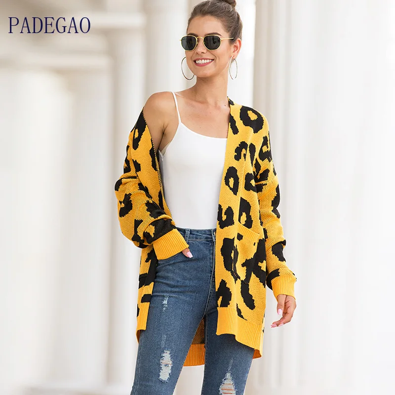 

Leopard Sweater Long Cardigan Yellow Sexy 2020 Women Green Leisure Knitted Long Sleeve Overcoat Female Print Lady Outwear Coats