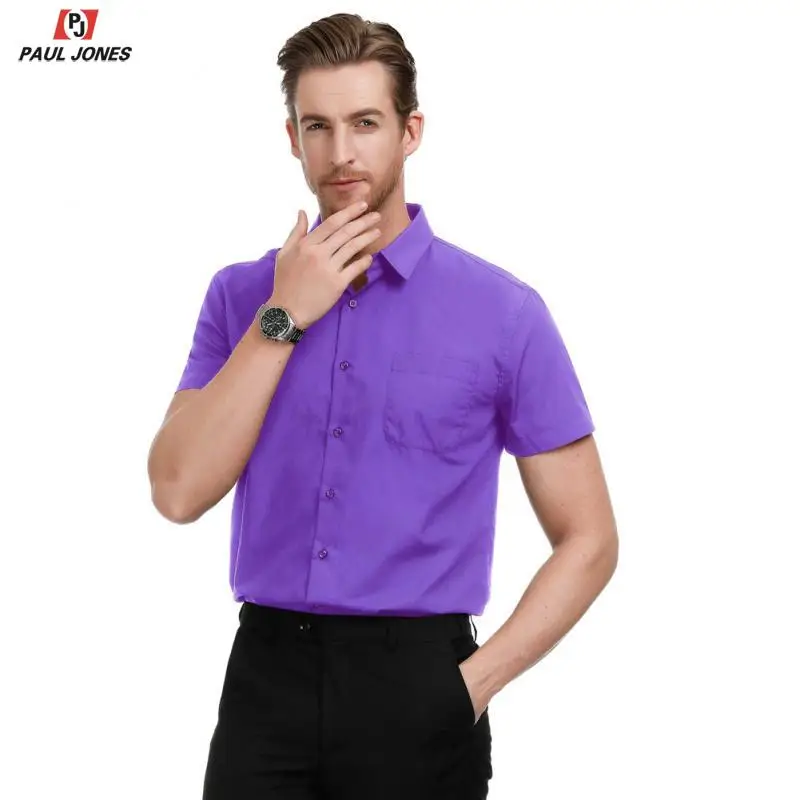 Мужские одноцветные рубашки с коротким рукавом от PAUL JONES, летние повседневные рубашки с квадратным воротником на пуговицах PJ0189
