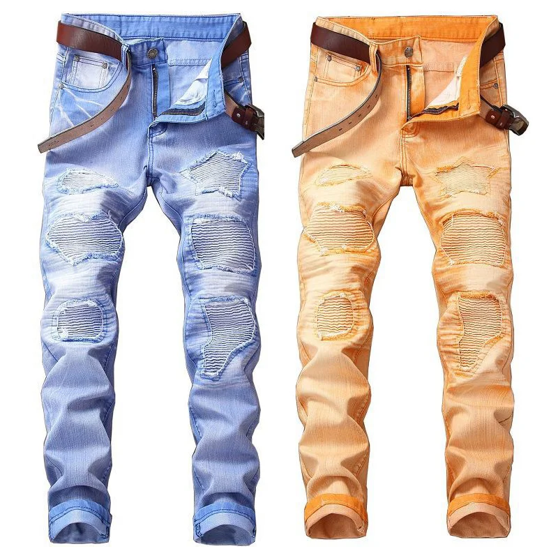 

Men’s Pure Color Slim-fit Motor&Biker Jeans,Classic Style Hole Patched Denim Pants,5 Color Choice,Youth Fashion Must;