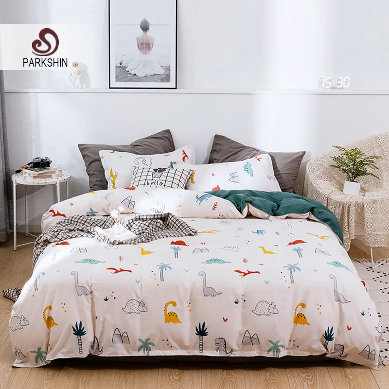 cheap ParkShin Bed Flat Sheet Bedding Set Decor Dinasour Cartoon Bed Linen Double Queen King Duvet Cover Set Bedspread Comforter Cover