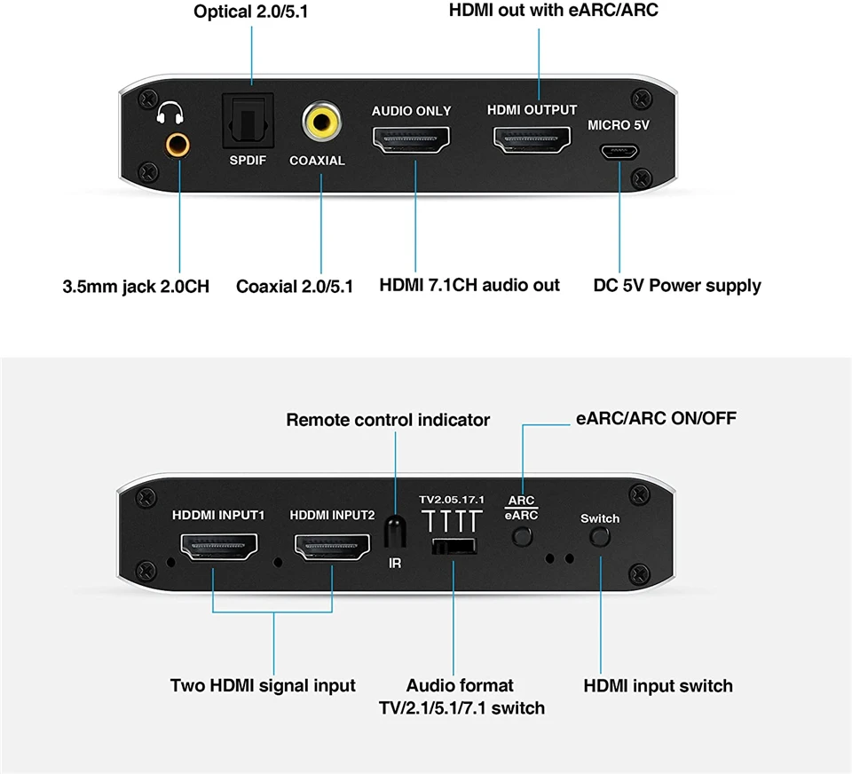 2x1 4K 120Hz HDMI Switch eARC Audio Extractor ARC & Optical Toslink HDMI 2.0 Swi