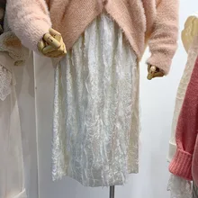 Женская осенняя и зимняя новая женская Однотонная юбка кружевная Эластичная Высокая Талия Повседневная Свободная бархатная юбка прямая юбка