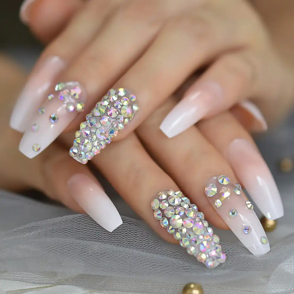 3d Rhinestones Gem Ombre Gradient Pink Nude French Ballerina Press On False Nails Extra Long Natural Coffin Uv Fake Fingers Nail False Nails Aliexpress