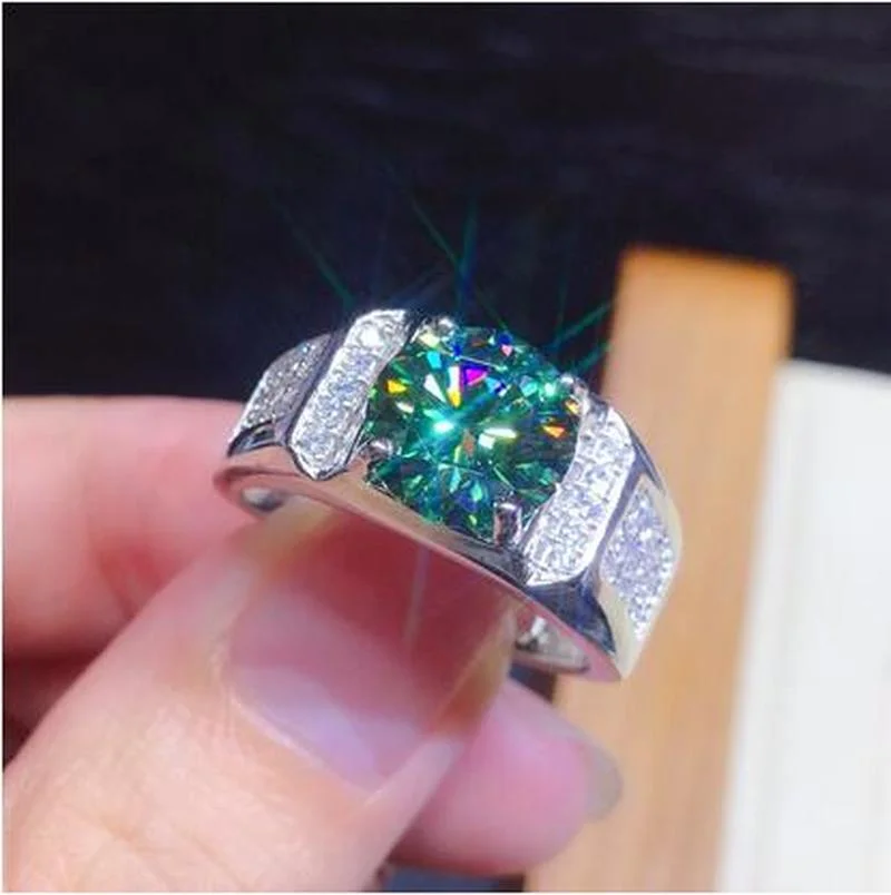 Male 3ct Lab Green Moissanite Ring 925 sterling silver Wedding band Rings for Men silver ring silver rings wedding rings moissanite ring