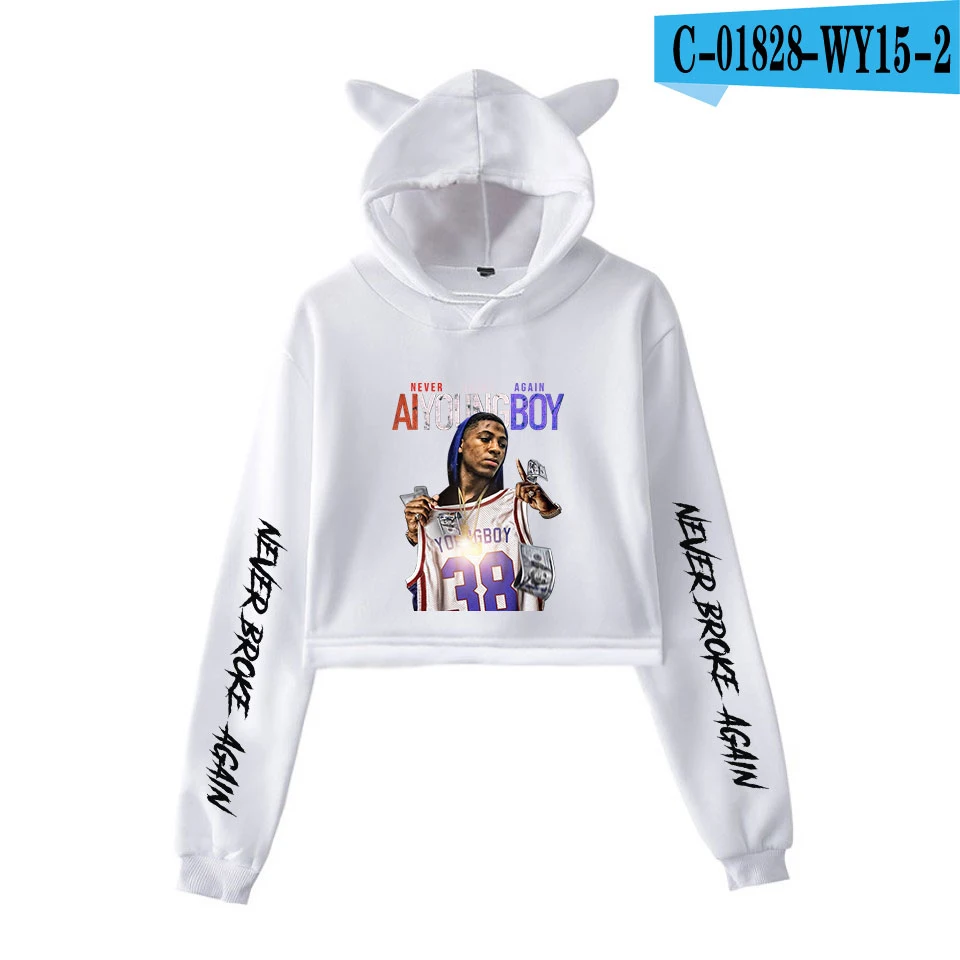 YoungBoy Never Broke agne хлопковая толстовка Kawaii с капюшоном для девочек, женский модный пуловер, короткая рубашка, новая толстовка с кошачьими ушками - Цвет: white