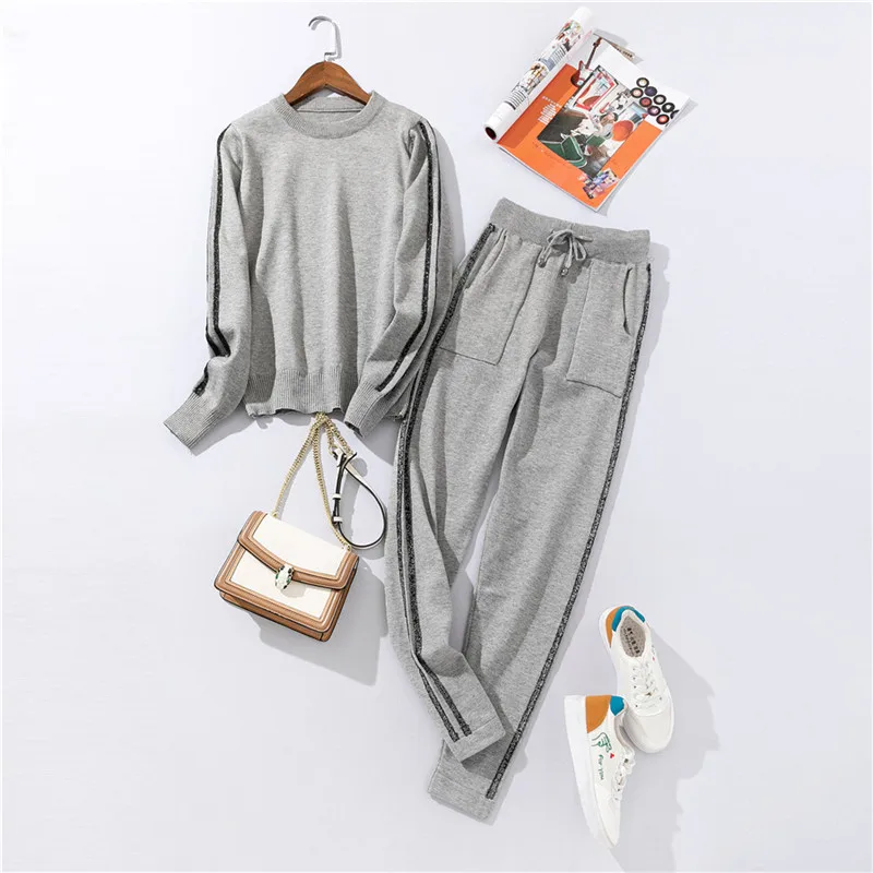 Вязаные свитера, женская спортивная одежда, Зимний вязаный пуловер с длинным рукавом+ штаны, костюм из двух предметов, черный спортивный костюм с полосками, вязаный комплект