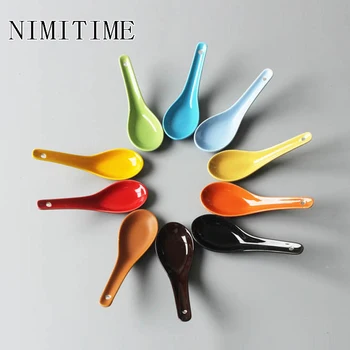 

2 PC Japanese Style Ceramic Spoon Wholesale Personality Color Small Spoon Restaurant Home Drink Soup Dinner Spoon Tableware