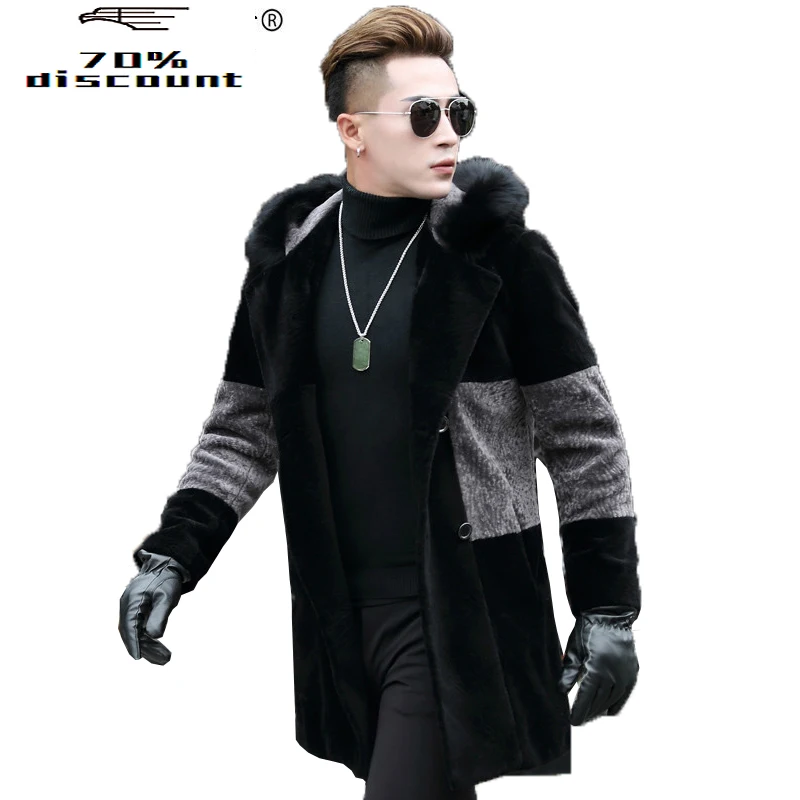 

Real Fur Coat Men Sheep Shearling Men's Winter Jacket Leather Hooded Fox Fur Collar Windbreaker Long Wool Coat8025 KJ824