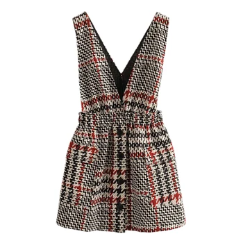 

Women Elegant Tweed Suspender Dress Pockets Button Decorate Overalls Elastic Waist Retro Mini Dress FFZYQ557