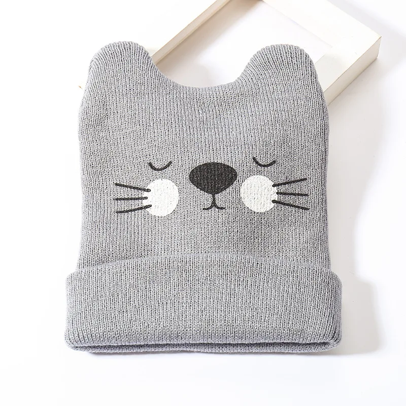 gray beanie Милые вязаные шапочки с принтом кота, детские теплые шапки осень-зима, мягкие вязаные шапки в Корейском стиле с кошачьими ушками, кавайные шапочки для девочек и мальчиков - Цвет: gray beanie