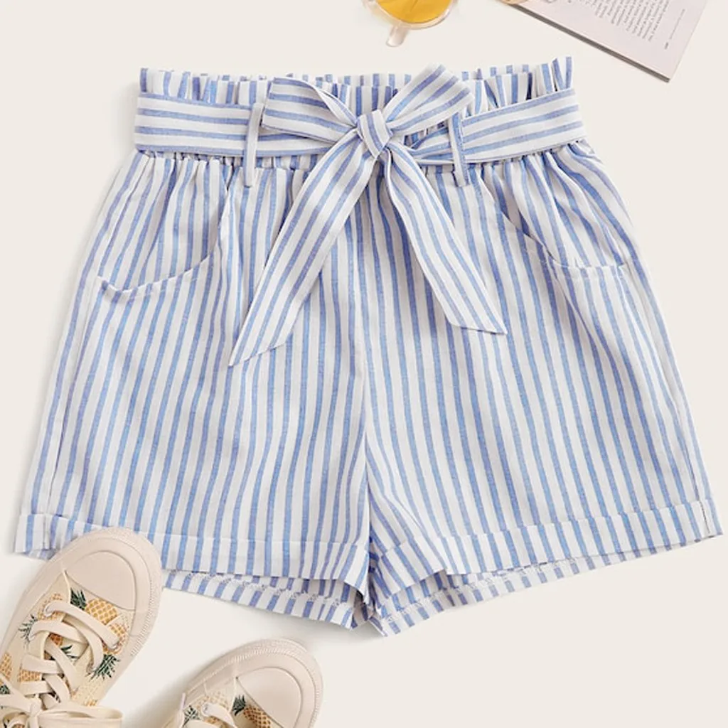 Sky Blue Модные женские шорты, летние полосатые эластичные шорты с высокой талией, короткие пляжные Свободные повседневные штаны - Цвет: Sky Blue