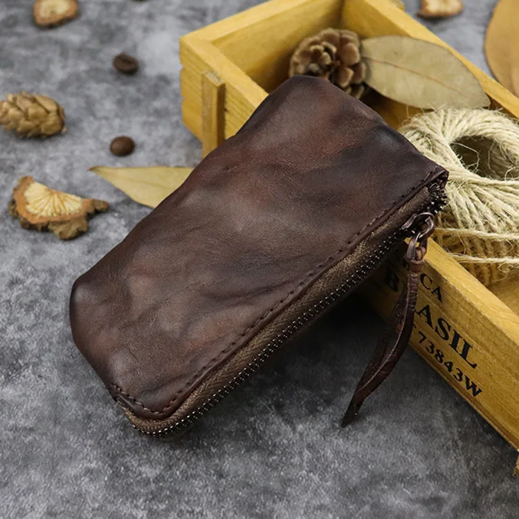 Винтажный бумажник из натуральной кожи, мужские кошельки для монет, короткий кошелек на молнии, Женский кошелек-брелок для ключей, маленький мужской мини-кошелек - Цвет: Coffee