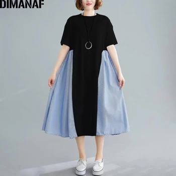 

DIMANAF Summer Women Dress Sundress Elegant Lady Vestidos Casual Loose Cotton Plus Size Pleated Striped Spliced Dress Clothing