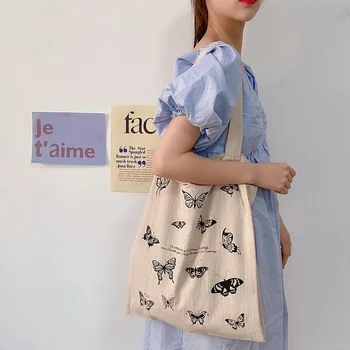 

Cotton Linen Women Canvas Shopping Bags Eco Friendly Shoulder Bag Large Capacity Vintage Handbag Tote Butterfly Sailing Print
