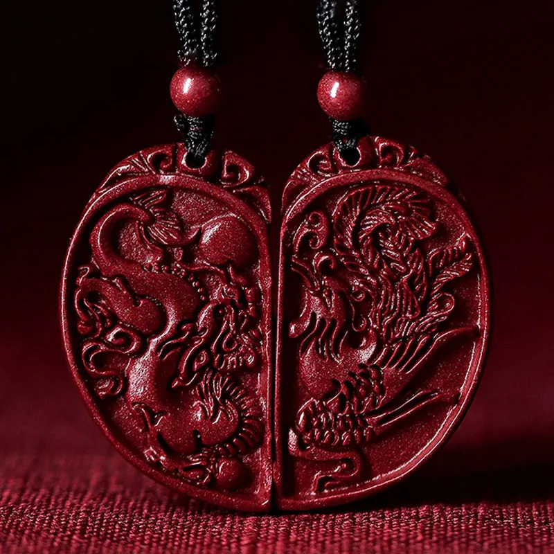 

Natural Dragon Phoenix Lovers Cinnabar Pendant Necklace Drop Shipping Lucky Amulet Crystal Jewelry For Women Men Gift