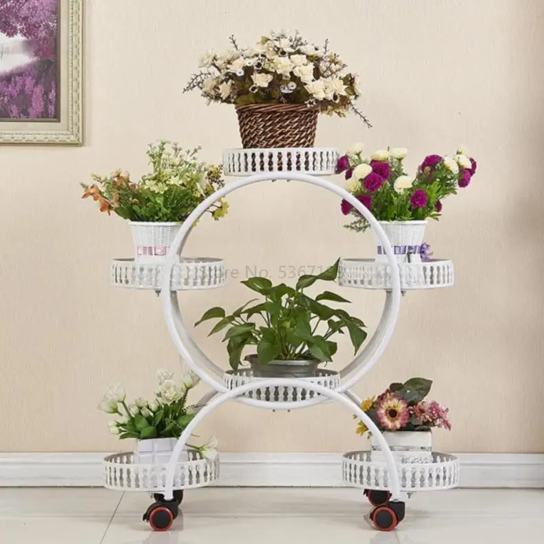 

A Living Room Balcony Hob Two Layer Flower Wrought Iron Bring Wheel Iron Art Concise Double-deck Outdoor Flower Rack Crane Blue
