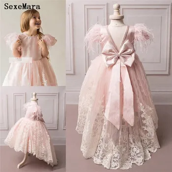 

Lovely High Low Flower Girls Dresses Lace Feather Little Girls Clothes Pageant Dress Girl Party Birthday Gown