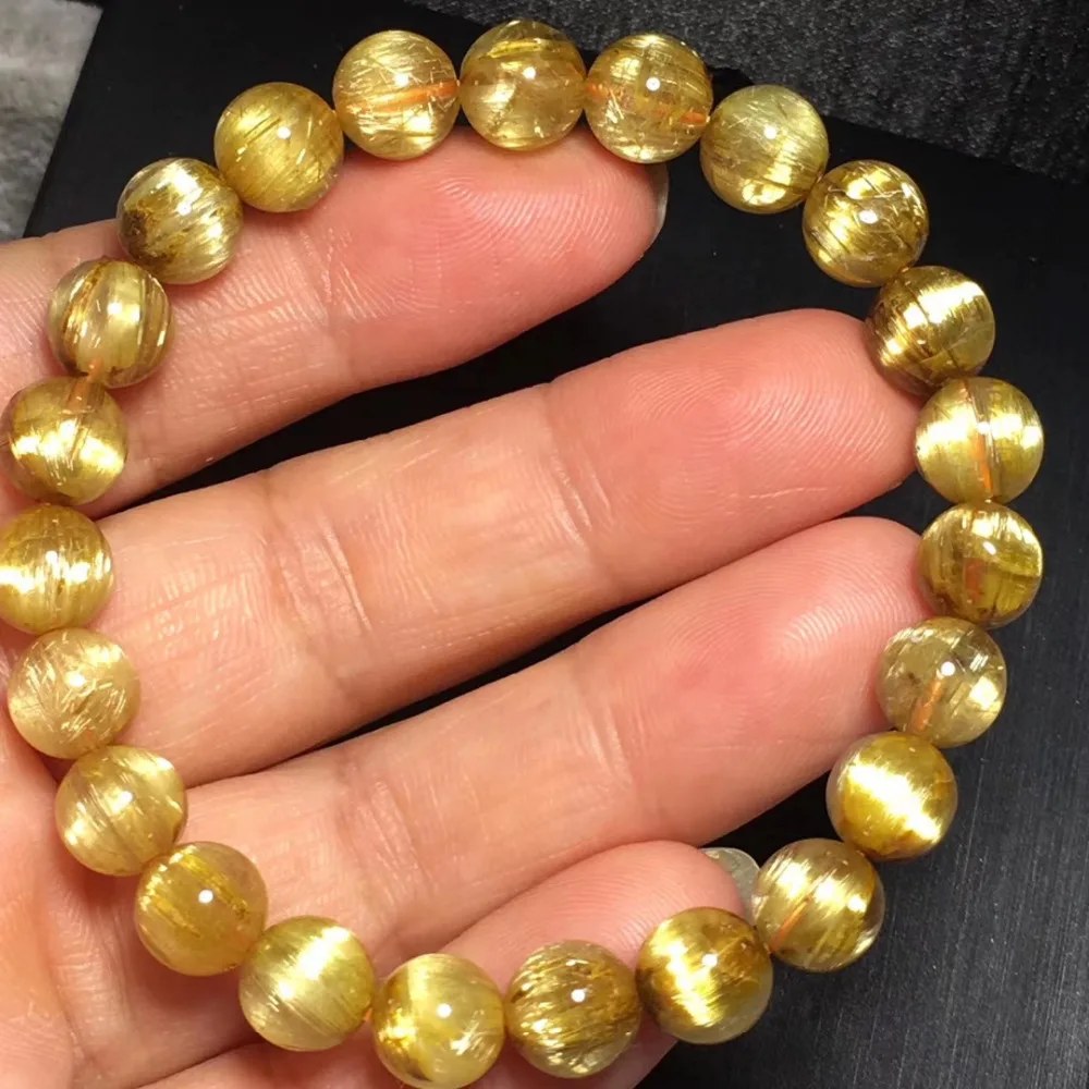 8mm Top Natural Gold Rutilated Quartz Crystal Woman Man Titanium Wealthy Round Beads Bracelet Jewelry Bangle AAAA