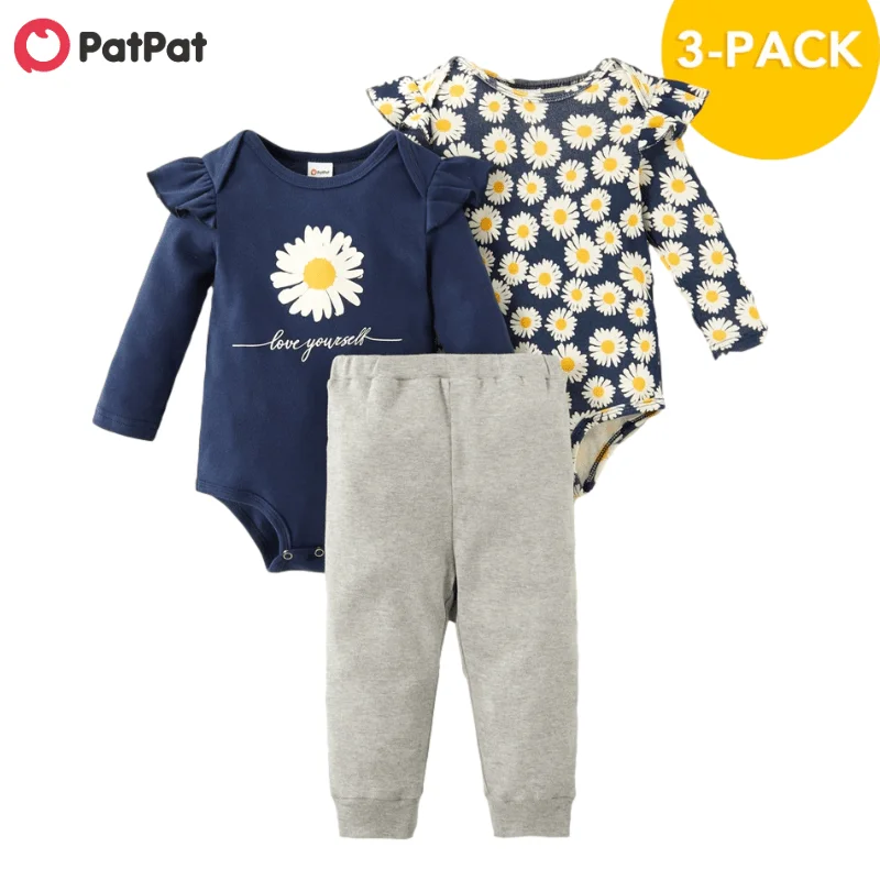 PatPat New 2021 Autumn and Spring 3pcs Baby Girl Sweet Daisies Baby's