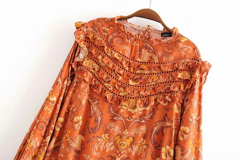 Boho Chic womenTops Винтаж Цветочный принт оборками свободные блузки дамы О образным вырезом с длинным рукавом пляжные рубашки Blusas Mujer