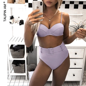 

TAUPIN AM 2020 Solid Swimming Suit Belt Adjust Sexy High Waist Swimsuit Black Bikini Women Summer Beach Bathing Suit Lady Bikini
